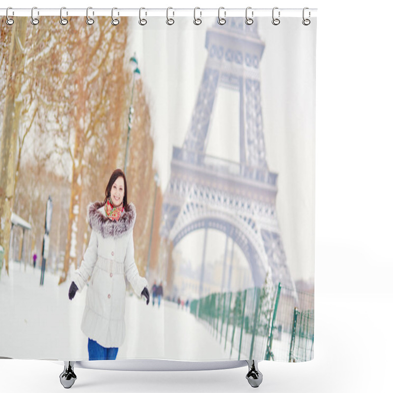 Personality  Girl Enjoying Rare Snowy Winter Day In Paris Shower Curtains