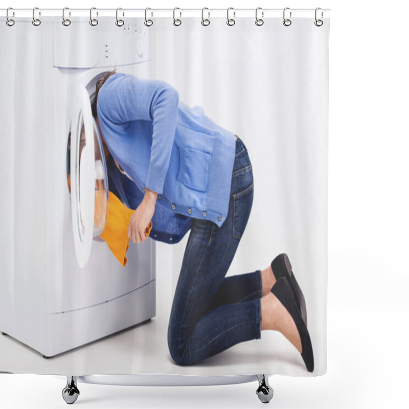 Personality  Woman Shoved Her Head Into Washing Machine. Shower Curtains