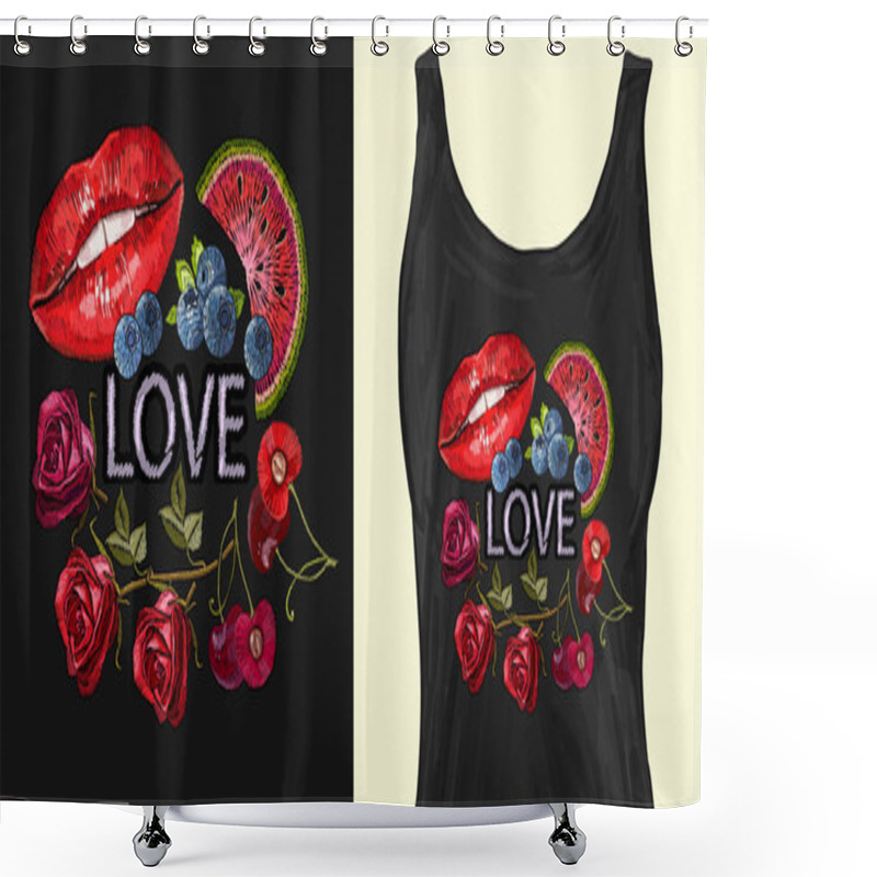 Personality  Embroidery Lips, Cherry, Roses And Watermelon Slice Shower Curtains