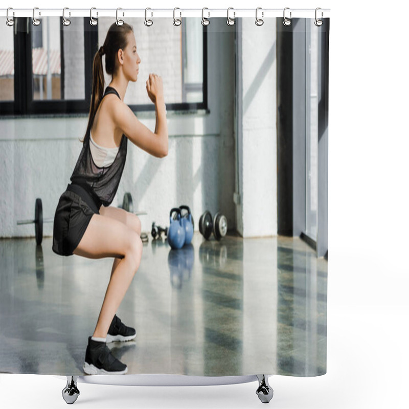 Personality  Side View Of Determined Sportswoman Doing Squats At Fitness Studio Shower Curtains