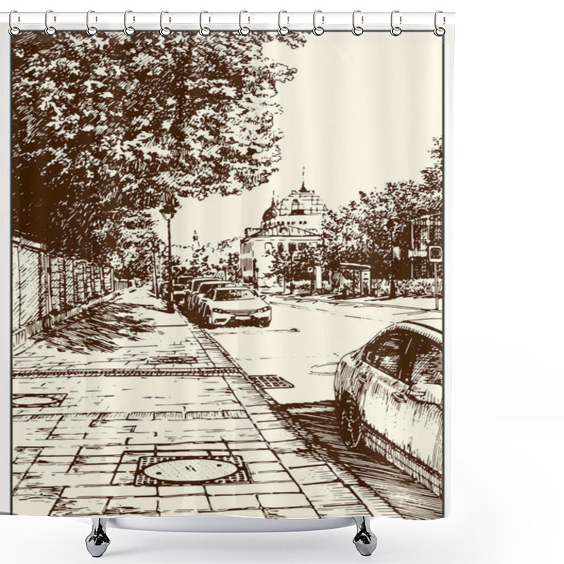 Personality  Russia.Moscow. Urban View Of The City Street With Buildings, People And Cars. Summer Day Black And White Hand Drawing With Pen And Ink. Sketch Style Shower Curtains