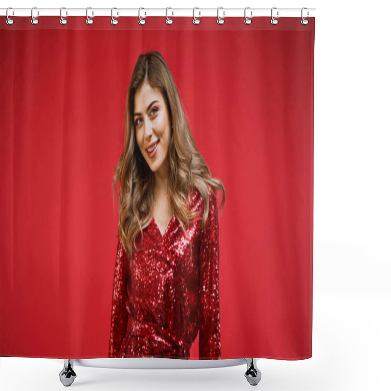 Personality  Positive Woman In Shiny Dress Looking At Camera Isolated On Red Shower Curtains