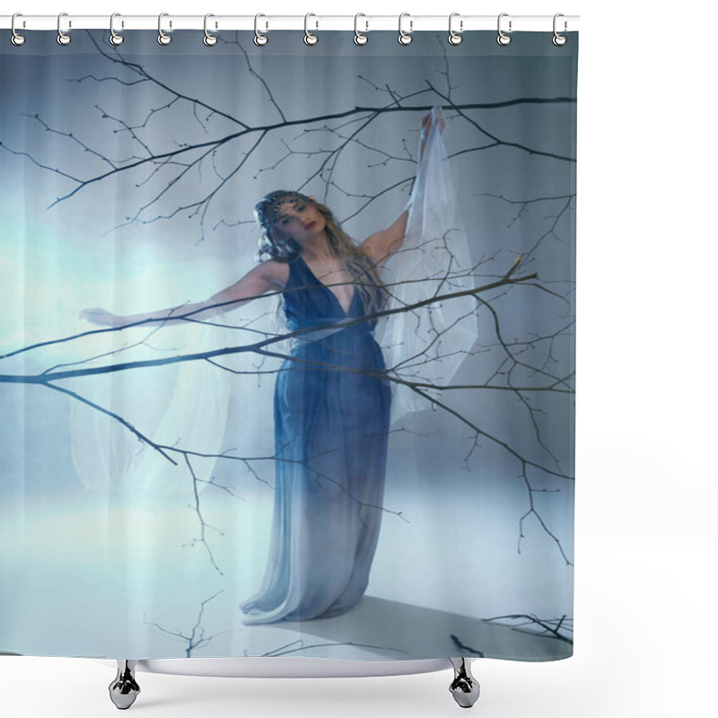 Personality  A Young Woman, Resembling An Elf Princess, Stands Elegantly In A Blue Dress In Front Of A Majestic Tree. Shower Curtains