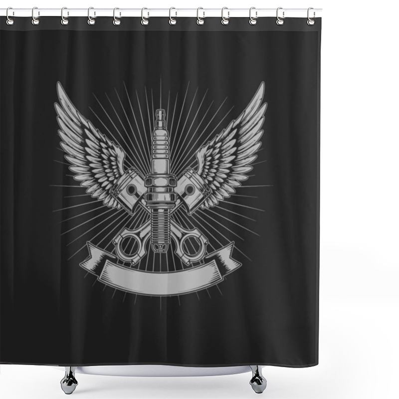 Personality  A Stylized Emblem Featuring A Spark Plug, Pistons, And Wings, Symbolizing Automotive Power And Speed. Shower Curtains