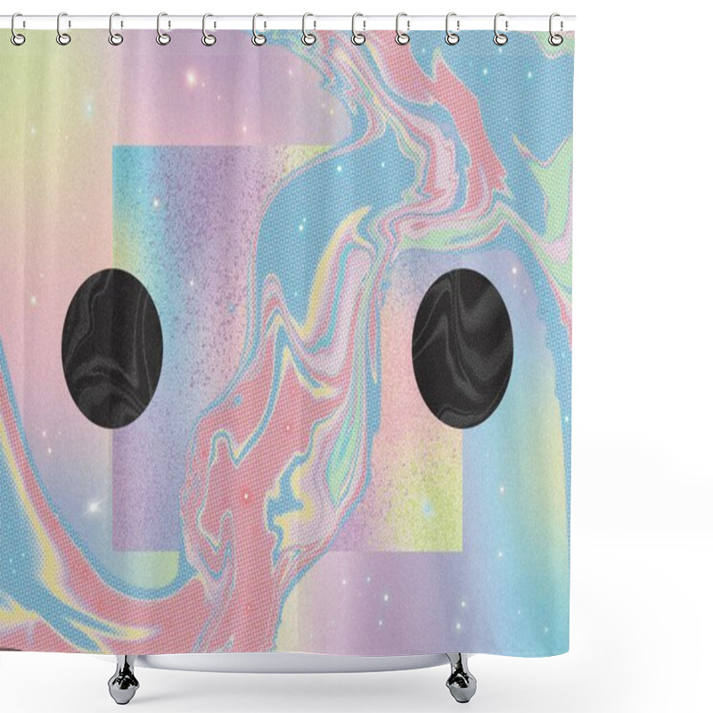 Personality  Retro Nostalgic Two Black Planet Holes In A Pastel Pink Marble Space Sky With Noise, Grain And Halftone Texture And Stars Shower Curtains