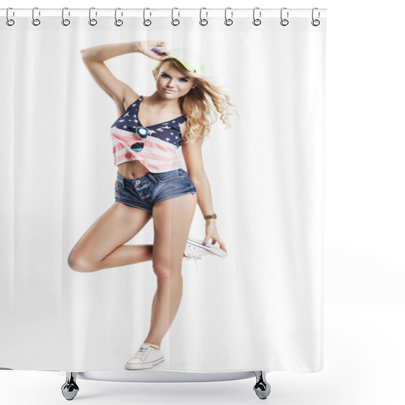 Personality  Blonde Woman Posing In American Flag Shirt Shower Curtains