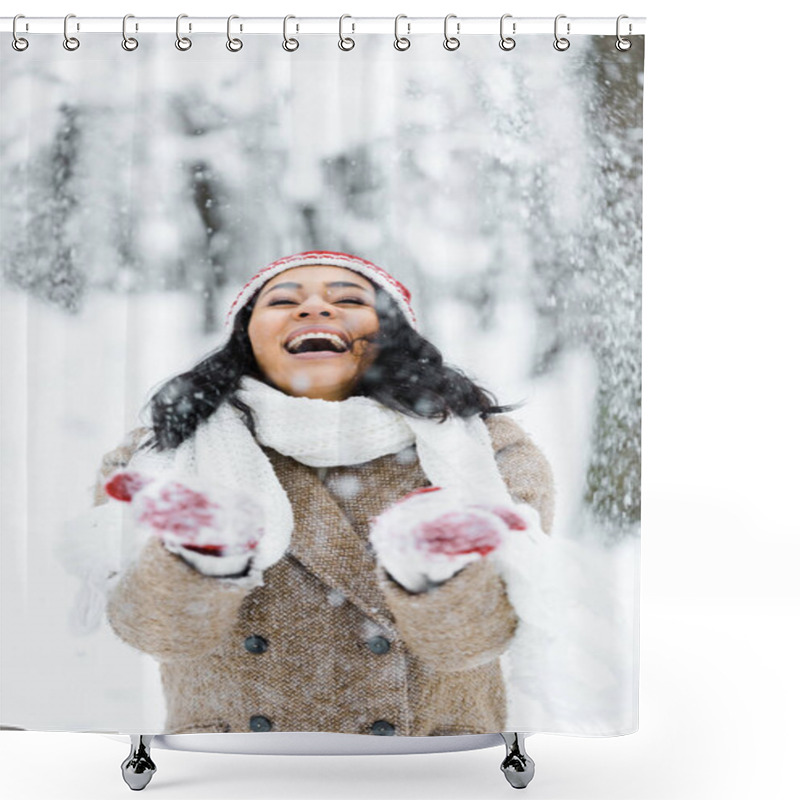 Personality  Attractive African American Woman Throwing Snow And Smiling In Winter Forest Shower Curtains