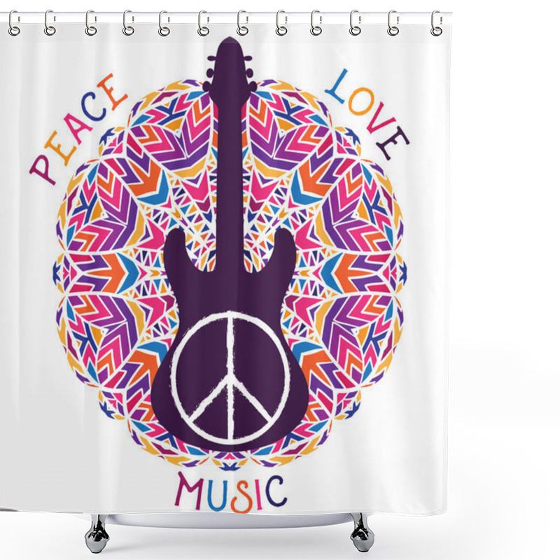 Personality  Hippie Peace Symbol. Peace, Love, Music Sign And Guitar On Ornate Colorful Mandala Background. Design Concept For Banner, Card, Scrap Booking, T-shirt, Bag, Print, Poster. Vector Illustration Shower Curtains