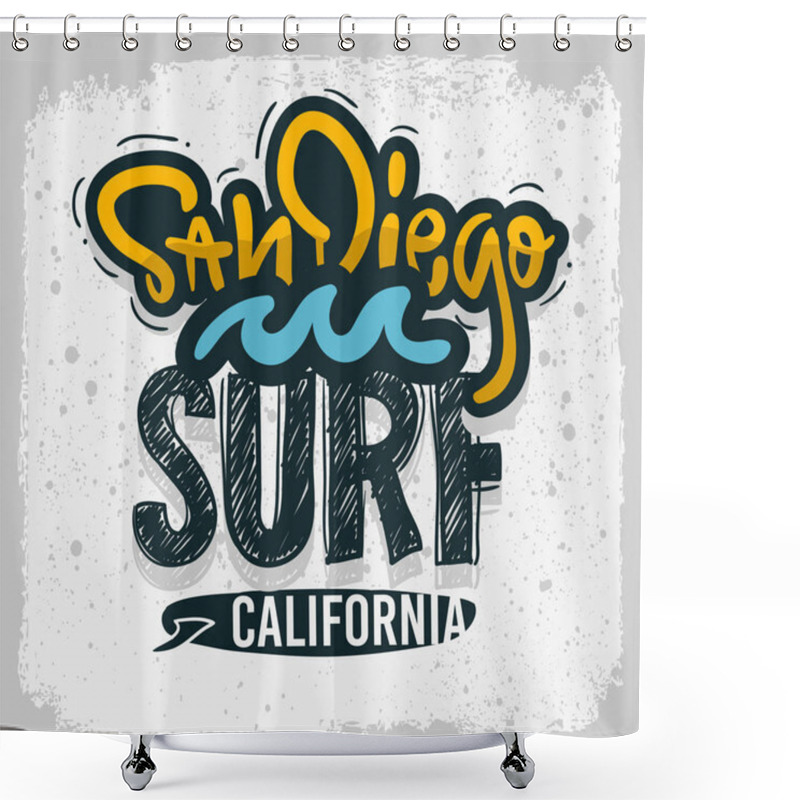 Personality  San Diego California Surfing Surf  Design  Hand Drawn Lettering Type Logo Sign Label For Promotion Ads T Shirt Or Sticker Poster Vector Image Shower Curtains