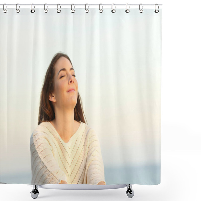 Personality  Relaxed Woman Breaths Fresh Air Sitting On The Beach Shower Curtains