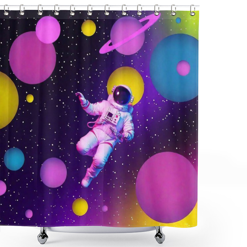 Personality  An Astronaut Floating Through A Galaxy Where Stars Are Replaced By Bright, Oversized Bubbles, The Entire Scene Painted In A Striking Pop Art Palette Of Neon Pinks, Yellows, And Blues. Shower Curtains