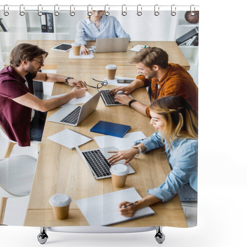 Personality  High Angle View Of Young Multicultural Colleagues Working On Startup Project In Office With Gadgets Shower Curtains