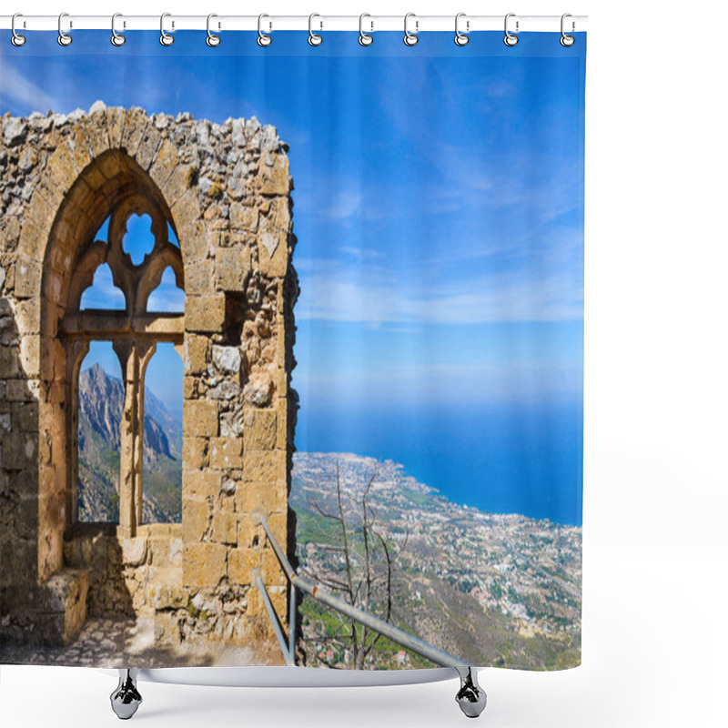 Personality  Medieval Ruins Of The St. Hilarion Castle Offering An Amazing View Over The Landscape Of Cypriot Kyrenia Region And Mediterranean. The Window Of The Castle Is A Popular View Point Shower Curtains