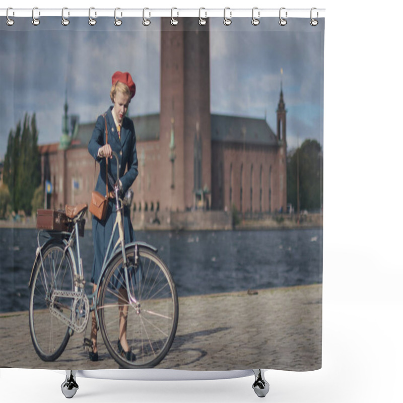 Personality  STOCKHOLM, SWEDEN, SEPT 22, 2018: Bike In Tweed Bicycle Tour With Vintage Bikes And Clothes. Before Start With Backdrop Of City Hall. Shower Curtains