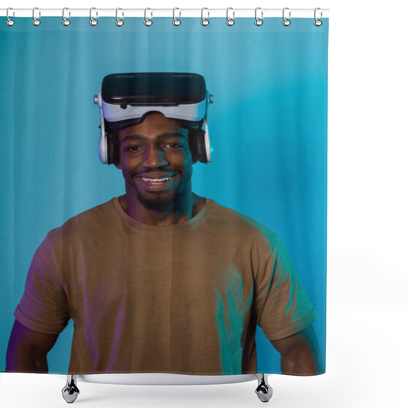 Personality  In A Futuristic Visual, An African American Man Stands Isolated Against A Striking Blue Backdrop, Adorned With VR Glasses That Transport Him Into A Cutting-edge Virtual Reality Experience, Merging Shower Curtains