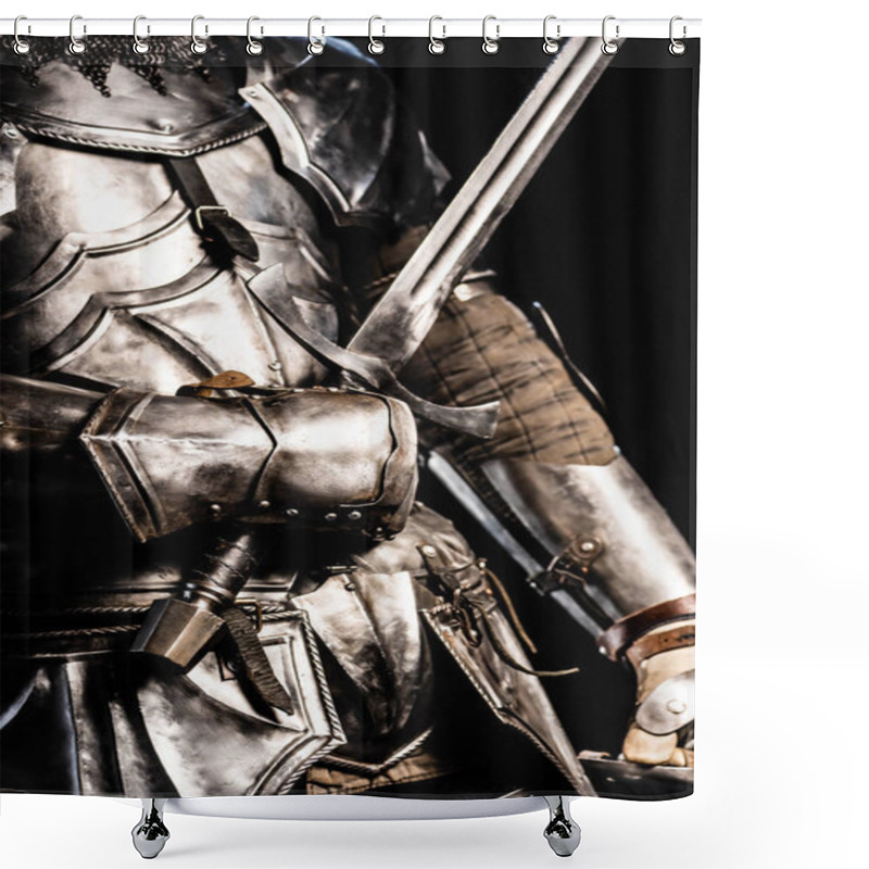 Personality  Cropped View Of Knight In Armor Holding Sword Isolated On Black  Shower Curtains