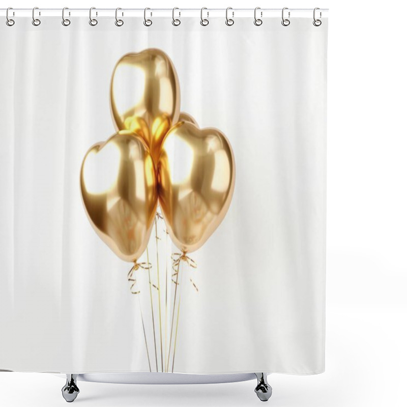 Personality  Three Shiny Golden Heart-shaped Balloons Tied Together With Curly Ribbons. Shower Curtains