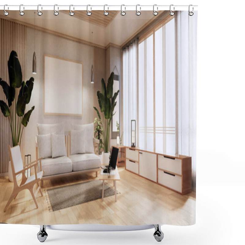 Personality  Cabinet In Living Room With Tatami Mat Floor And Sofa Armchair Design.3D Rendering Shower Curtains