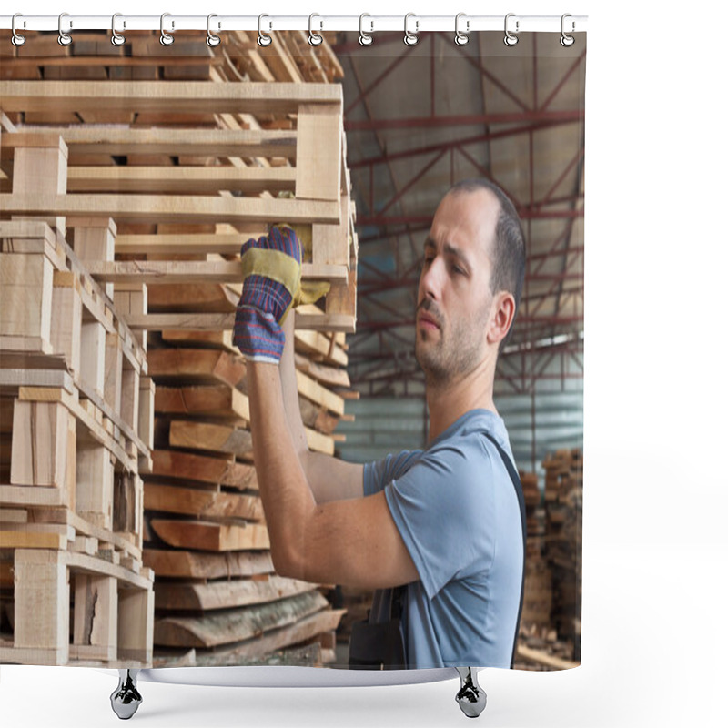 Personality  Man Arraging Pallets, Horizontal Shot Shower Curtains