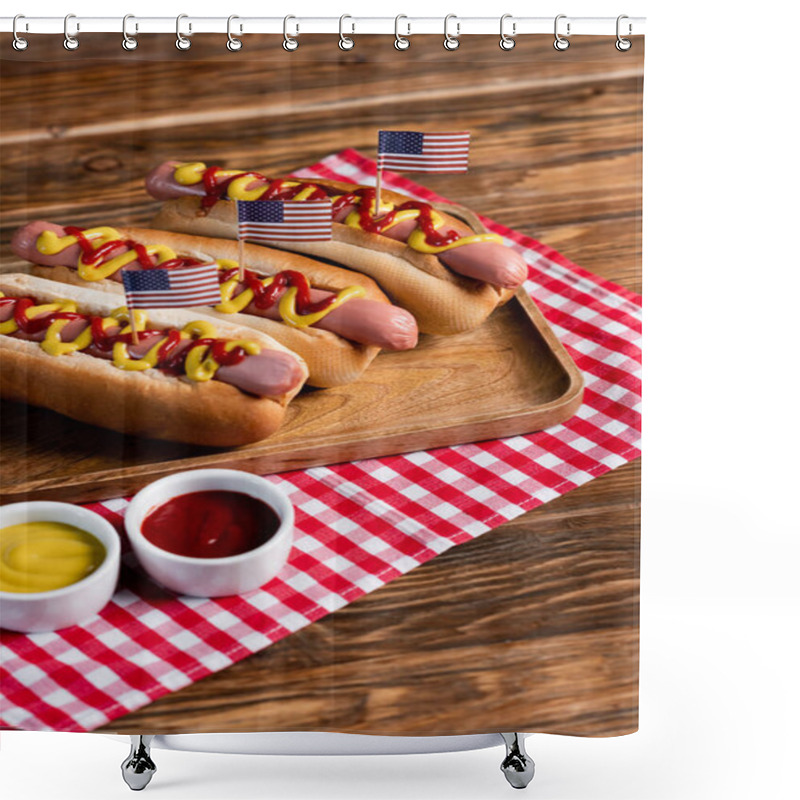 Personality  Hot Dogs With Small Usa Flags On Tray And Plaid Napkin Near Ketchup And Mustard On Wooden Table Shower Curtains