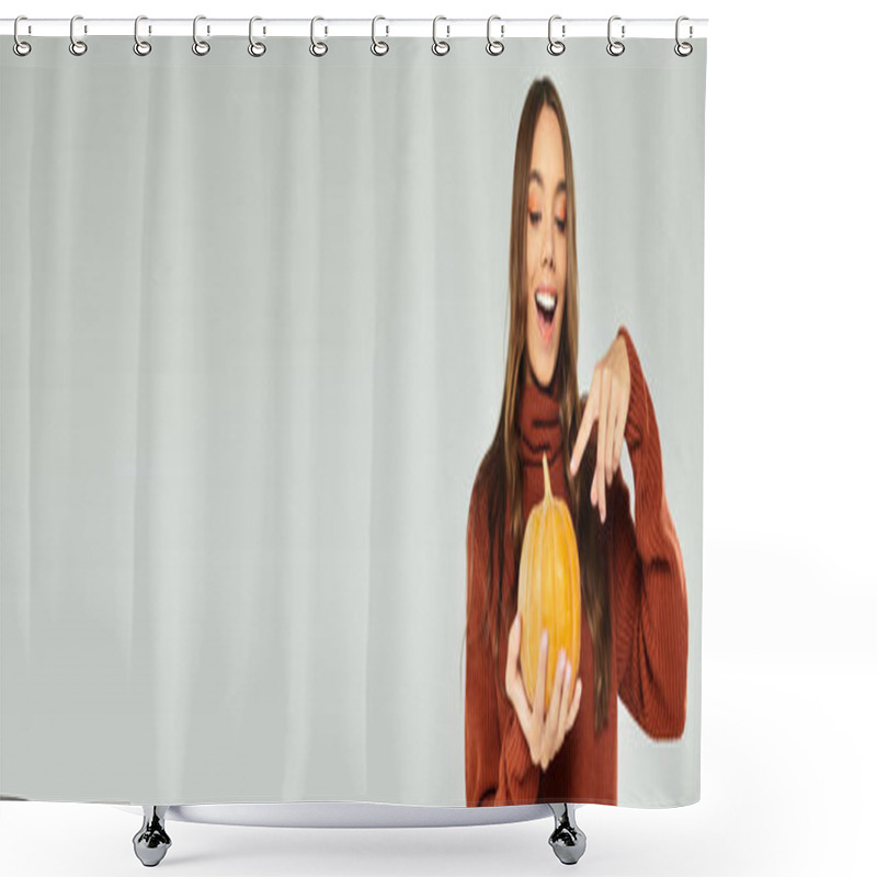 Personality  The Beautiful Woman Delights In Halloween Festivities, Showcasing Her Pumpkin With Excitement. Shower Curtains