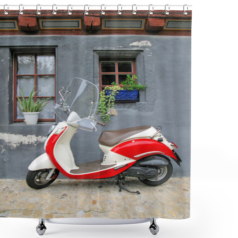 Personality  Trendy Moped Against Old Building. Fribourg, Switzerland Shower Curtains