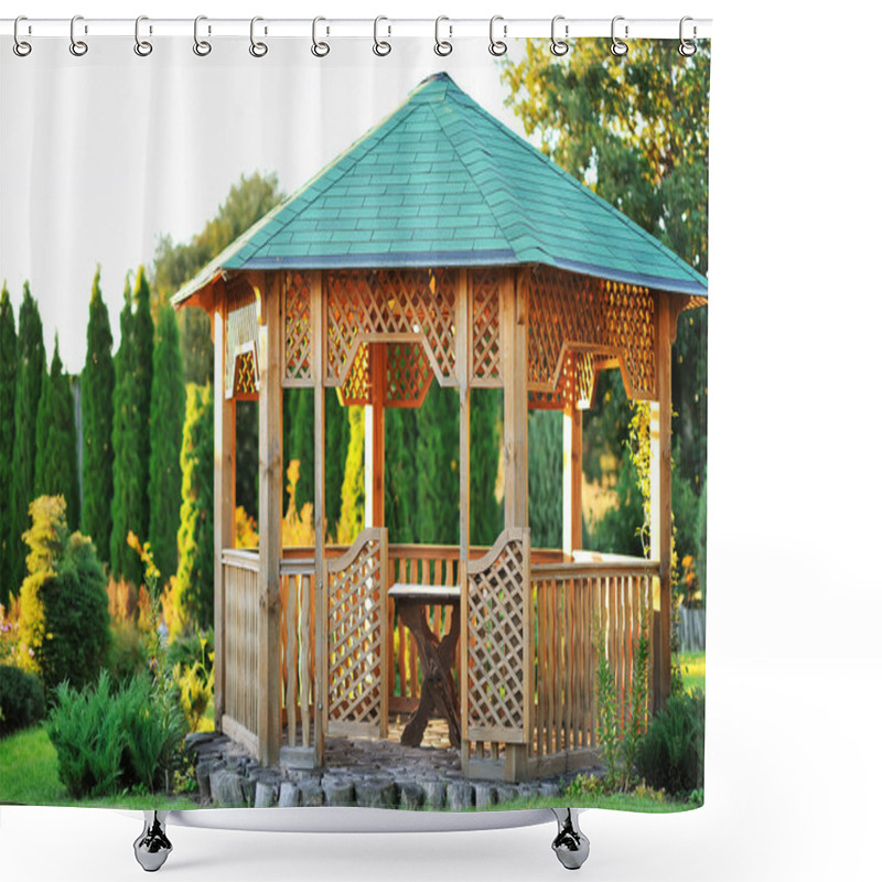 Personality  Outdoor Wooden Gazebo Over Summer Landscape Background Shower Curtains