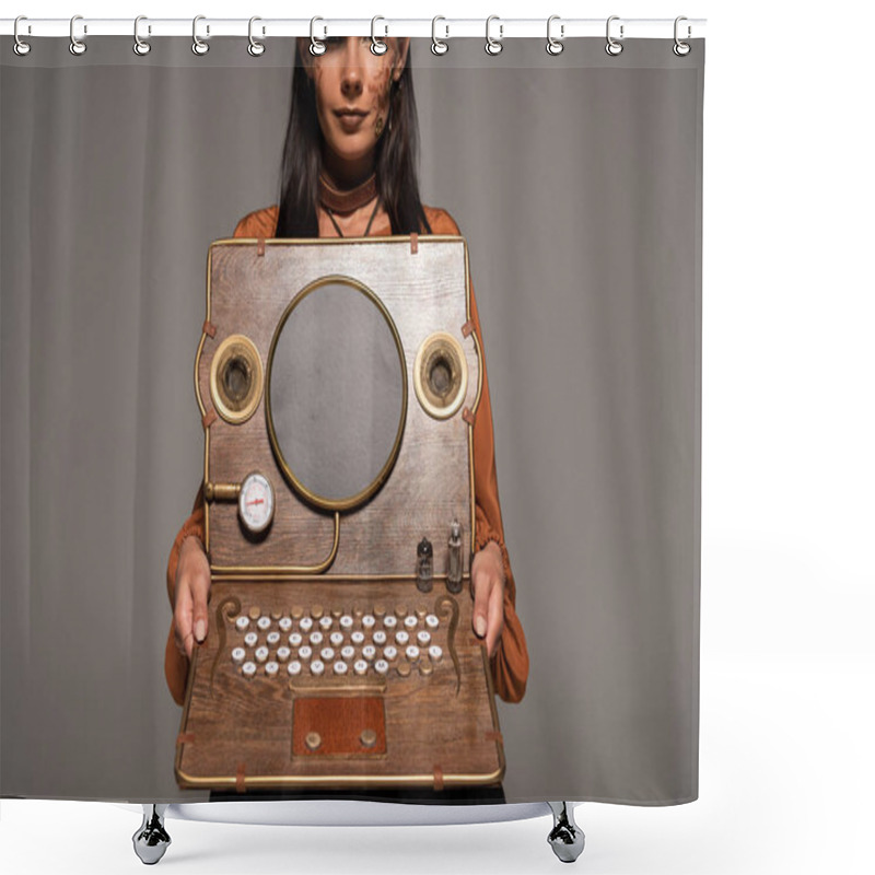 Personality  Cropped View Of Woman Showing Steampunk Laptop Isolated On Grey Shower Curtains