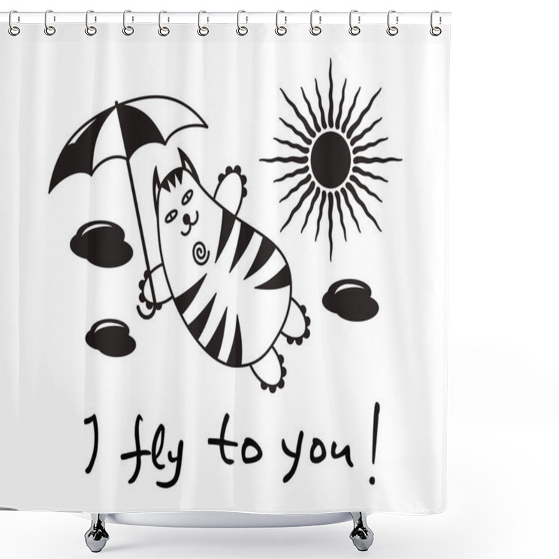 Personality  Cartoon Comic Cat With An Umbrella Flying In The Clouds. Text  I Fly To You. Black And White Graphics, Humor. Shower Curtains