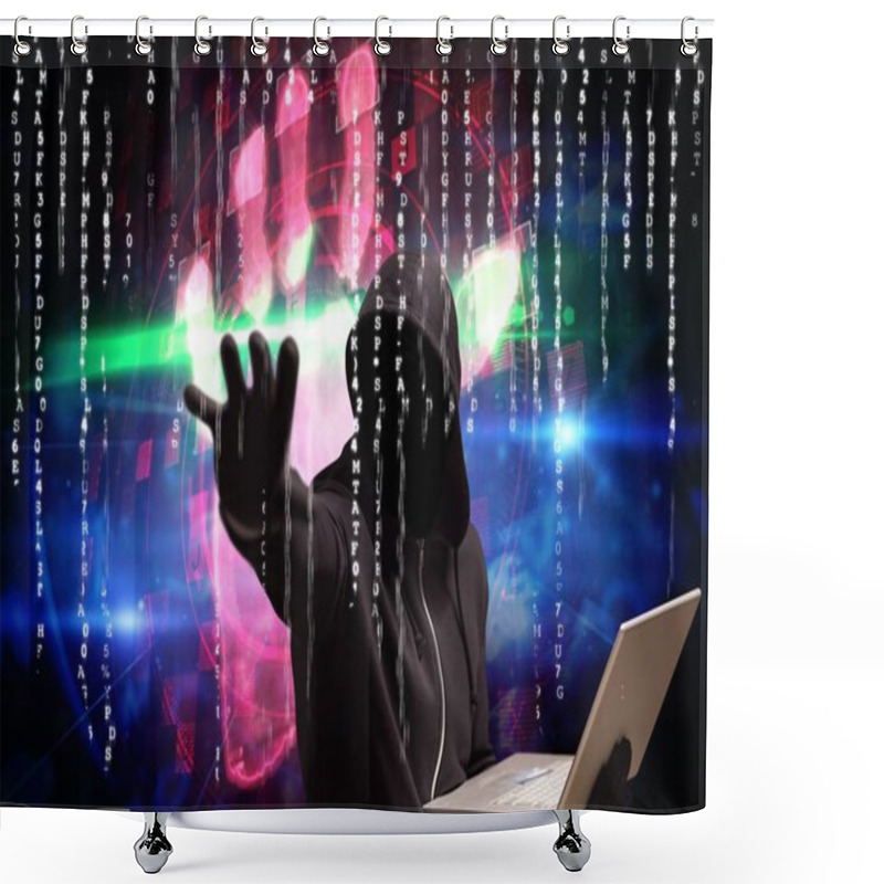 Personality  Composite Image Of Man With Laptop Shower Curtains