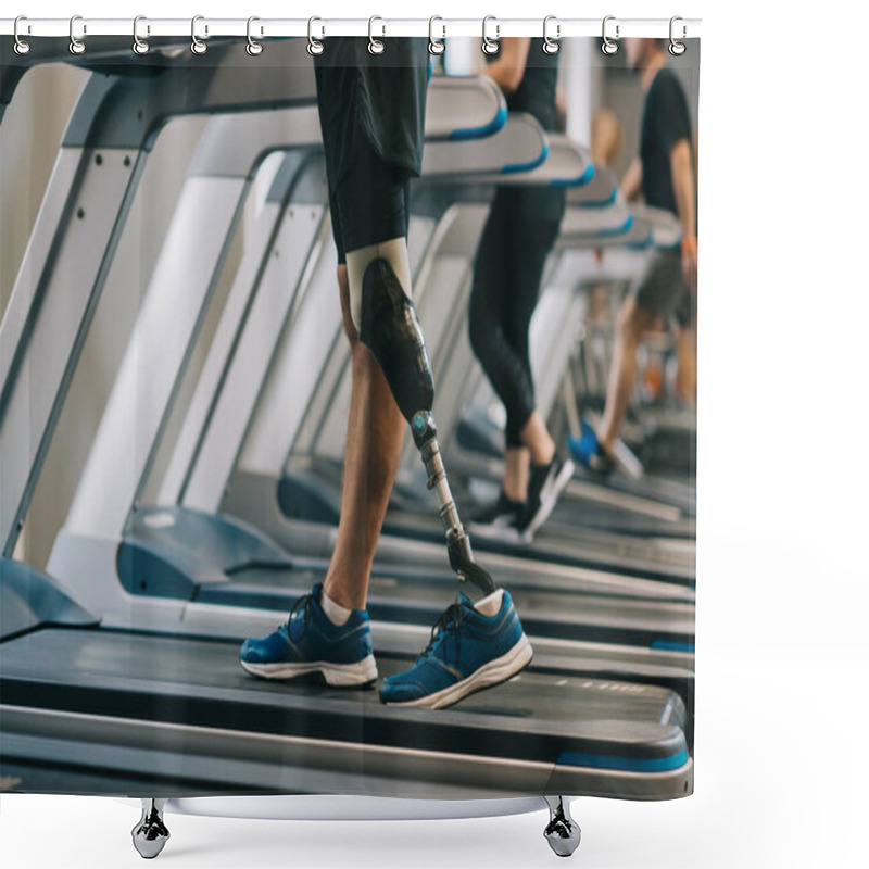 Personality  Cropped Shot Of Man With Artificial Leg Walking On Treadmills At Gym With Other People Shower Curtains