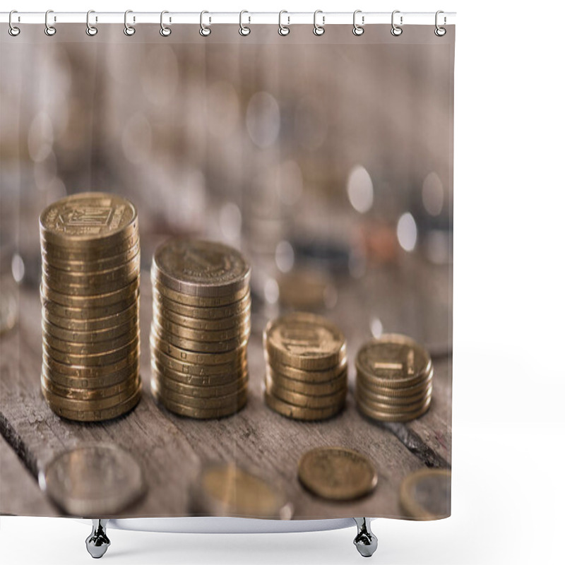 Personality  Stacks Of Coins On Wooden Tabletop Shower Curtains