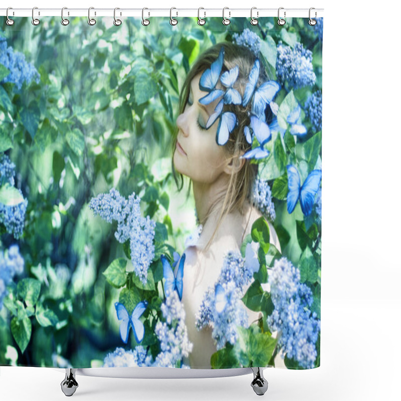 Personality  Young Girl With Flowers And Tropical Butterfly Shower Curtains