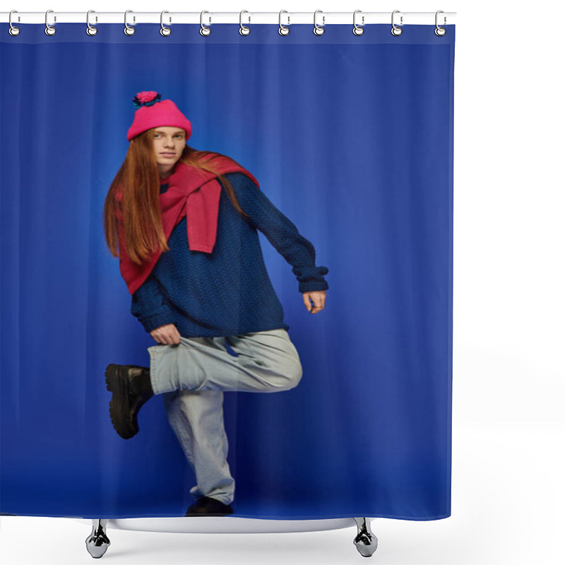 Personality  Young Man Displays Deep Emotions In Stylish Winter Clothes And A Vibrant Hat. Shower Curtains