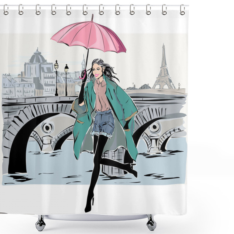 Personality  Fashion Model In Sketch Style Fall Winter With Paris City Background Shower Curtains