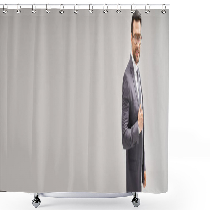 Personality  Banner Of Happy Businessman In Suit And Glasses Standing On Grey Background, Elegance And Style Shower Curtains