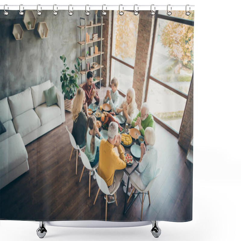 Personality  Top Above High Angler Photo Of Serious Dreamy Large Family Meeting Retired People Preteen Kids Meeting Sit Table Have Thanksgiving Celebration Enjoy Meal Roasted Chicken Poultry Pray In House Shower Curtains