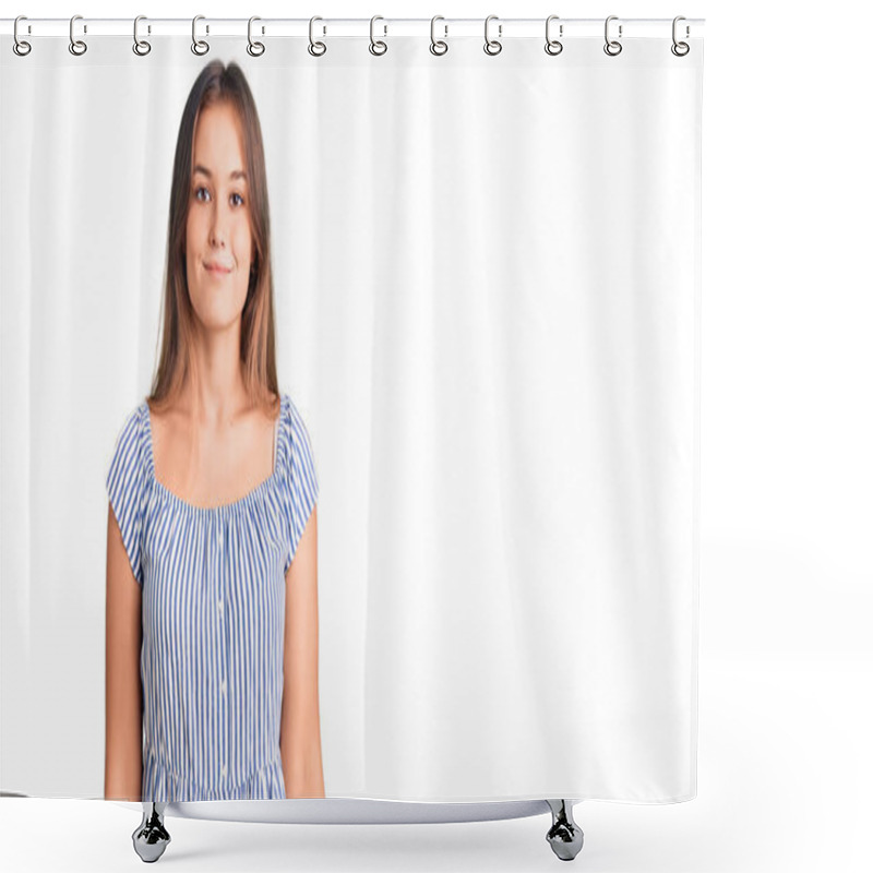 Personality  Beautiful Caucasian Woman Wearing Casual Clothes Looking Positive And Happy Standing And Smiling With A Confident Smile Showing Teeth  Shower Curtains