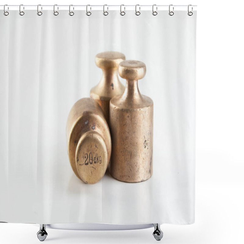 Personality  Antique Bronze Weights For Scales On White Background. Shower Curtains