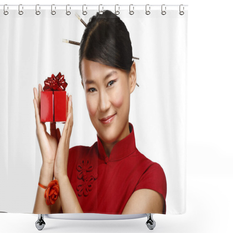 Personality  Traditional Asian Girl Showing A Christmas Gift Shower Curtains