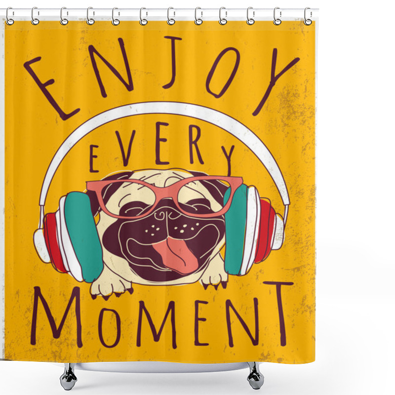 Personality  Happy Pug Enjoy Music Shower Curtains