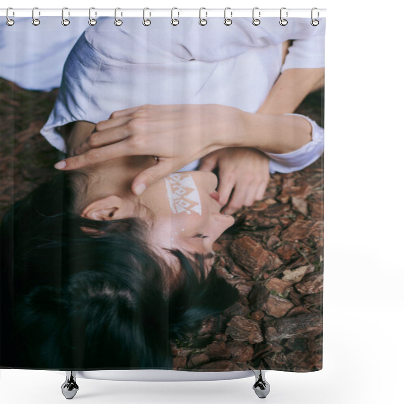 Personality  A Woman Lies On Ground, Her Expression Contemplative. Shower Curtains