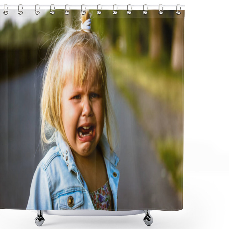 Personality  Little Cute Pretty Blonde Infant Girl 3 Years Old Is Crying In A Summer Park. Abandoned Emotional Upset Kid. Parenting, Child Psychology Concept. Screaming, Sadness. A Neglected Baby. Real Emotions. Shower Curtains