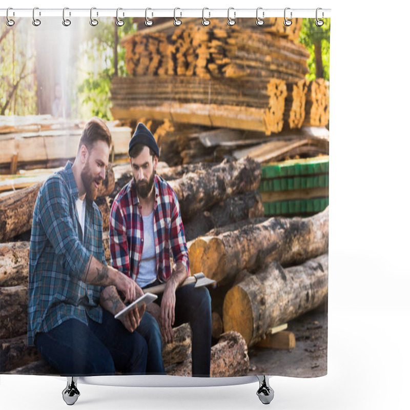 Personality  Bearded Lumberjacks Sitting On Logs With Axe And Digital Tablet At Sawmill  Shower Curtains