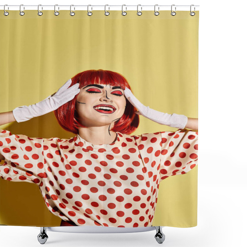 Personality  A Vibrant Redhead Woman In A Polka Dot Dress With Pop Art Makeup On A Yellow Background, Reminiscent Of A Comic Book Character. Shower Curtains