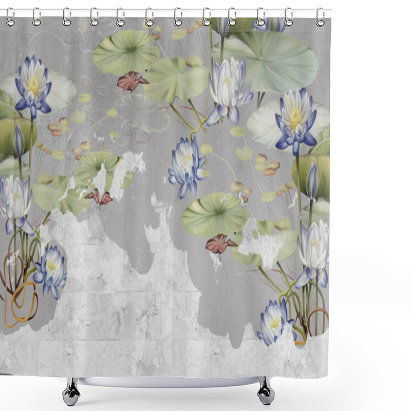 Personality  Water Lilies, Nenuphars. Flowers Painted On A Concrete Wall. Stunningly Beautiful, Modern Mural, Wallpaper, Photo Wallpaper, Cover, Postcard On An Interesting, Unusual Background. Shower Curtains