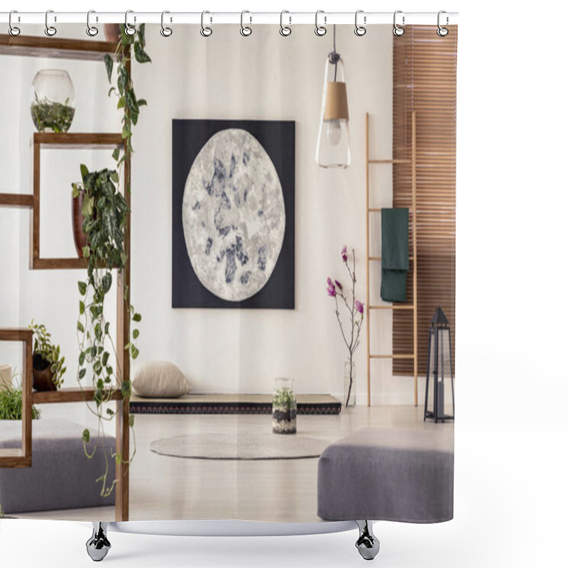 Personality  Moon Painting Above Tatami Mat Bed In Japanese Style Flat Interior With Ivy On Wooden Rack And Ladder Near The Window. Real Photo Shower Curtains