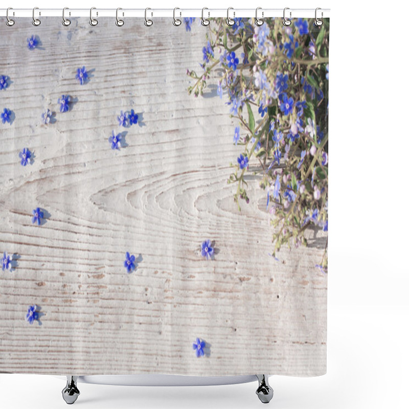 Personality  Blue Spring Flowers On Wooden Background Shower Curtains