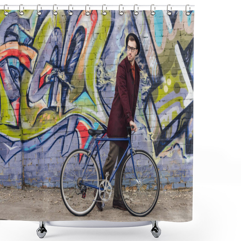 Personality  Stylish Elegant Man Standing With Bike At Wall With Graffiti Shower Curtains