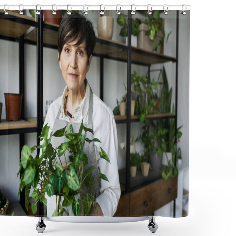 Personality  A Gardener Lovingly Tends To Her Lush Indoor Plants. Shower Curtains